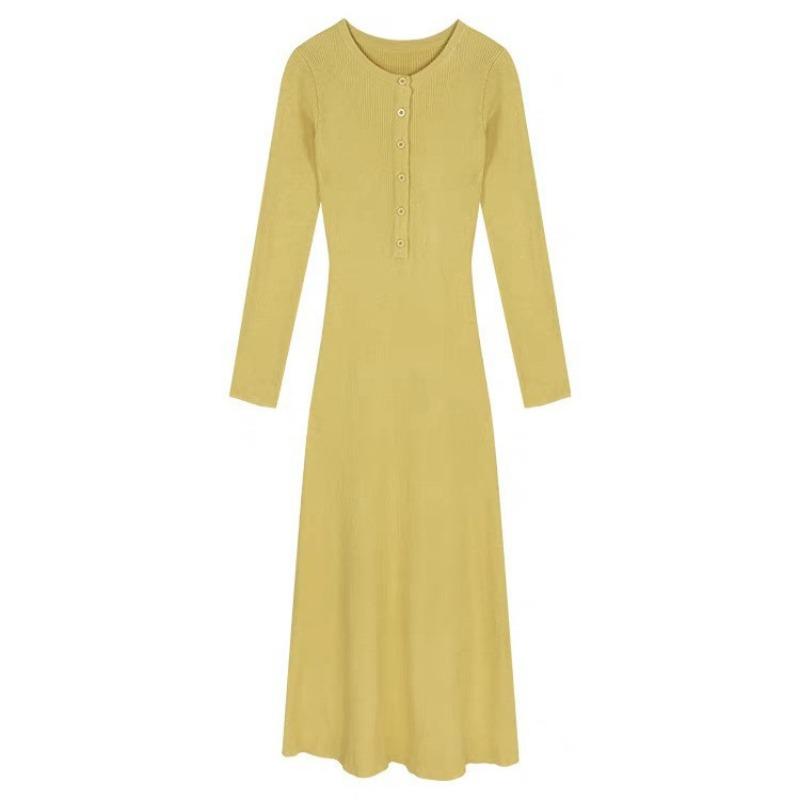 Yellow long-sleeved knitted dress women's spring temperament slim-fitting inner long dress elastic waist tight hip-wrapped skirt