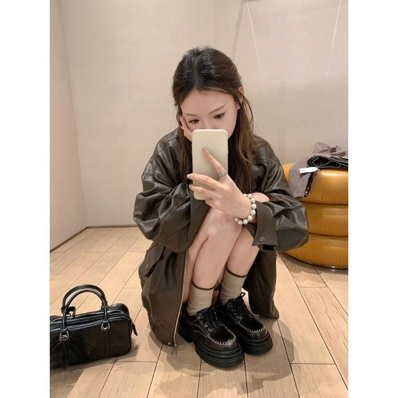 Petite Height-increasing Shoes with Lace-up, Handcrafted Thick-soled Single Shoes, and Chunk-heeled Loafers