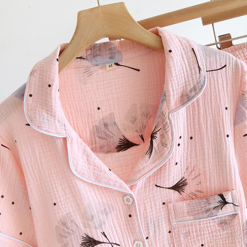 Summer New Three-piece Women's Pajamas Set 100% Cotton Crepe Short-sleeved + Shorts + Trousers Thin Women's