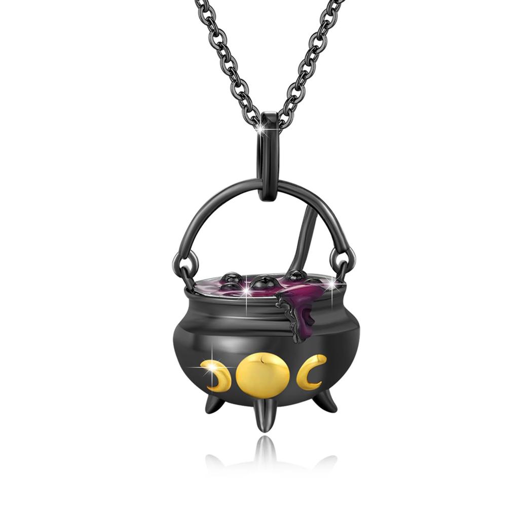 Halloween Gothic Clavicle Necklace, 3D Witch Magic Cauldron Triple Moon Pendant Necklace, Dark Style Statement Neck Accessory