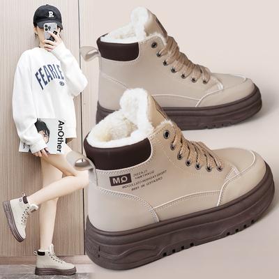 Neue 2025 Herbst- und Winter-Baumwollschuhe Damenschuhe dicksohlige farblich passende warme Samt-High-Top-Höhenerhöhung schlicht Student