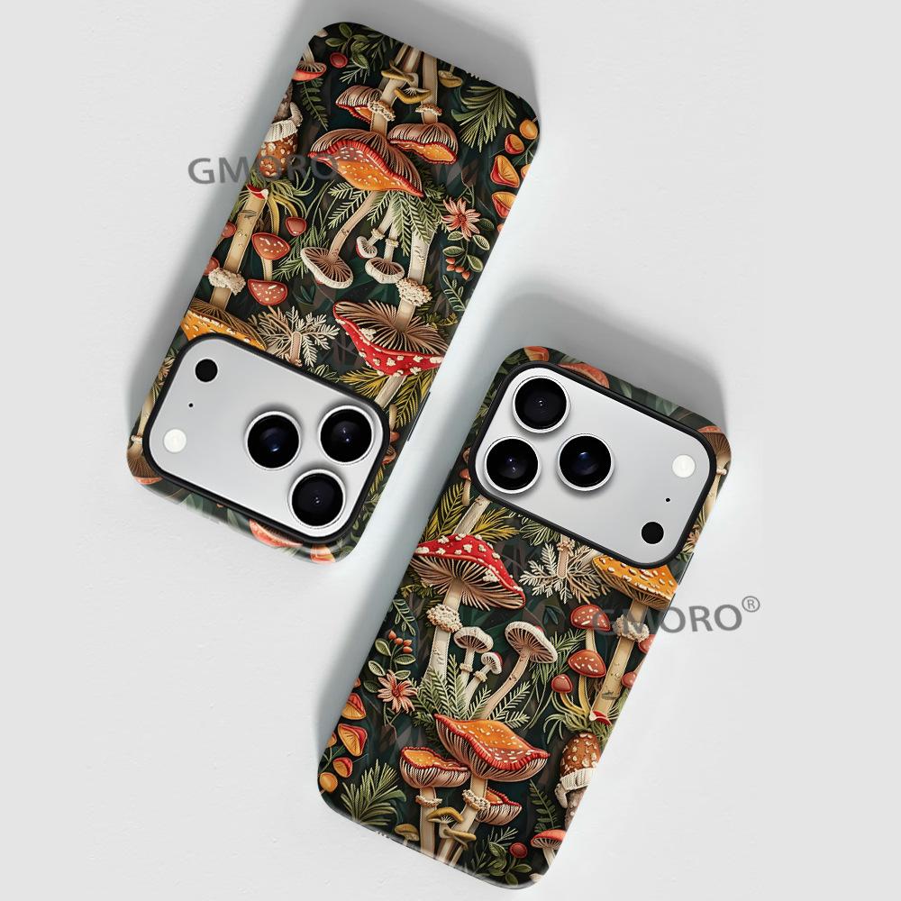 Retro Mushroom Illustration Mobile Phone Case iPhone12pm Anti-drop Two-in-one Film Case Apple 17 Magnetic Protective Case