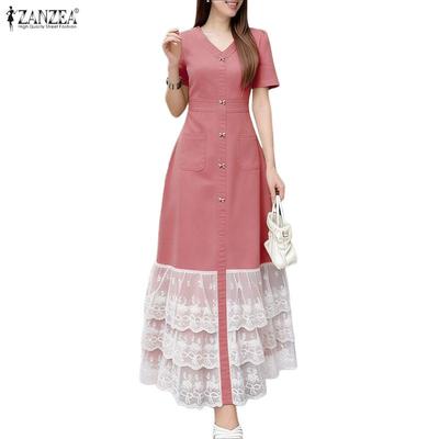 Women Casual V-Neck Short Sleeve Lace Splice Long Dress