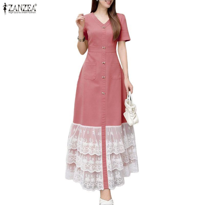 ZANZEA Women Casual V-Neck Short Sleeve Lace Splice Long Dress