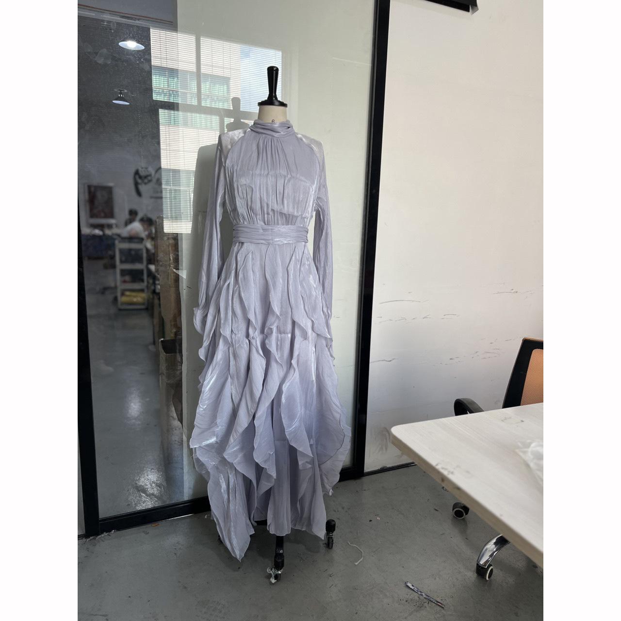 

Shinny Ruffles Maxi Dress A Line Long Sleeve Slim Fit Party Long Robes Lace Up Club Vestidos Lady Summer Gowns XXS