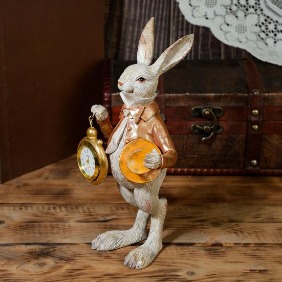 Easter Bunny Clock Decor Resin Rabbit Figurine with Top Hat And Pocket Watch Spring Vintage Bunny Statue for Desk Shelf Home Decor