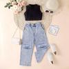 Mädchenmode-Set: Sommer Kinder Freizeit Einfarbig Ärmellos Pullover und Denim Hose Zweiteiliges Set