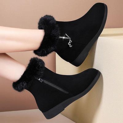 Real Rabbit Hair Warm Women's Cotton Shoes Snow Boots Autumn and Winter Thickened Mother Cotton Boots Flat Bottomed Velvet Anti Cold Fur Shoes