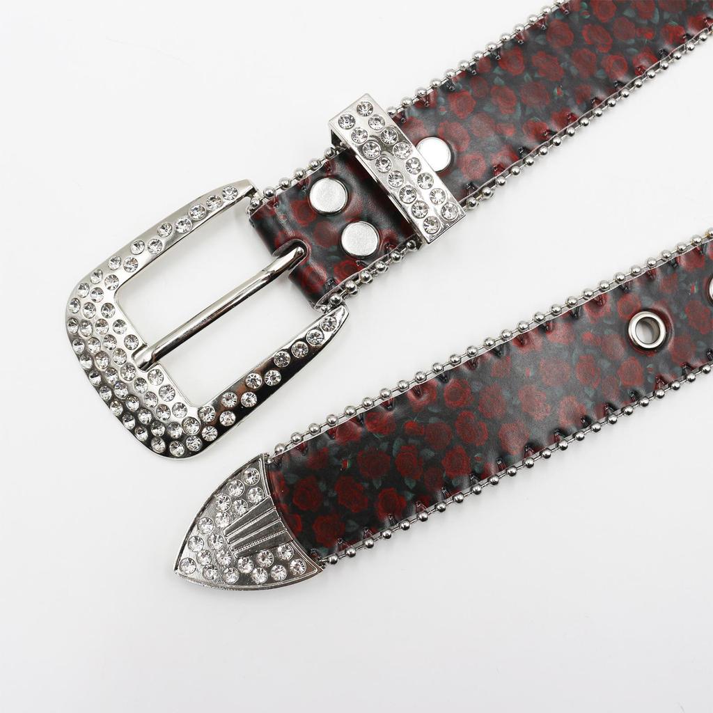 Women's Wide Leather Belt with Rhinestone Red Rose Print & Pin Buckle