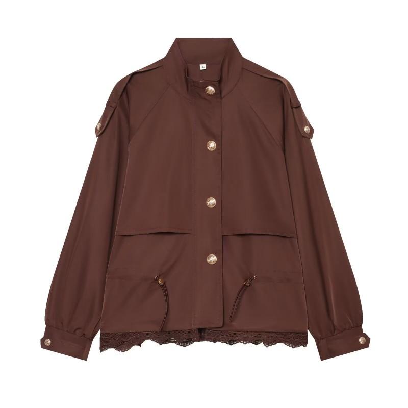 2026 Womens Streetwear Lace Patchwork Stand Collar Cargo Jacket W04 8228