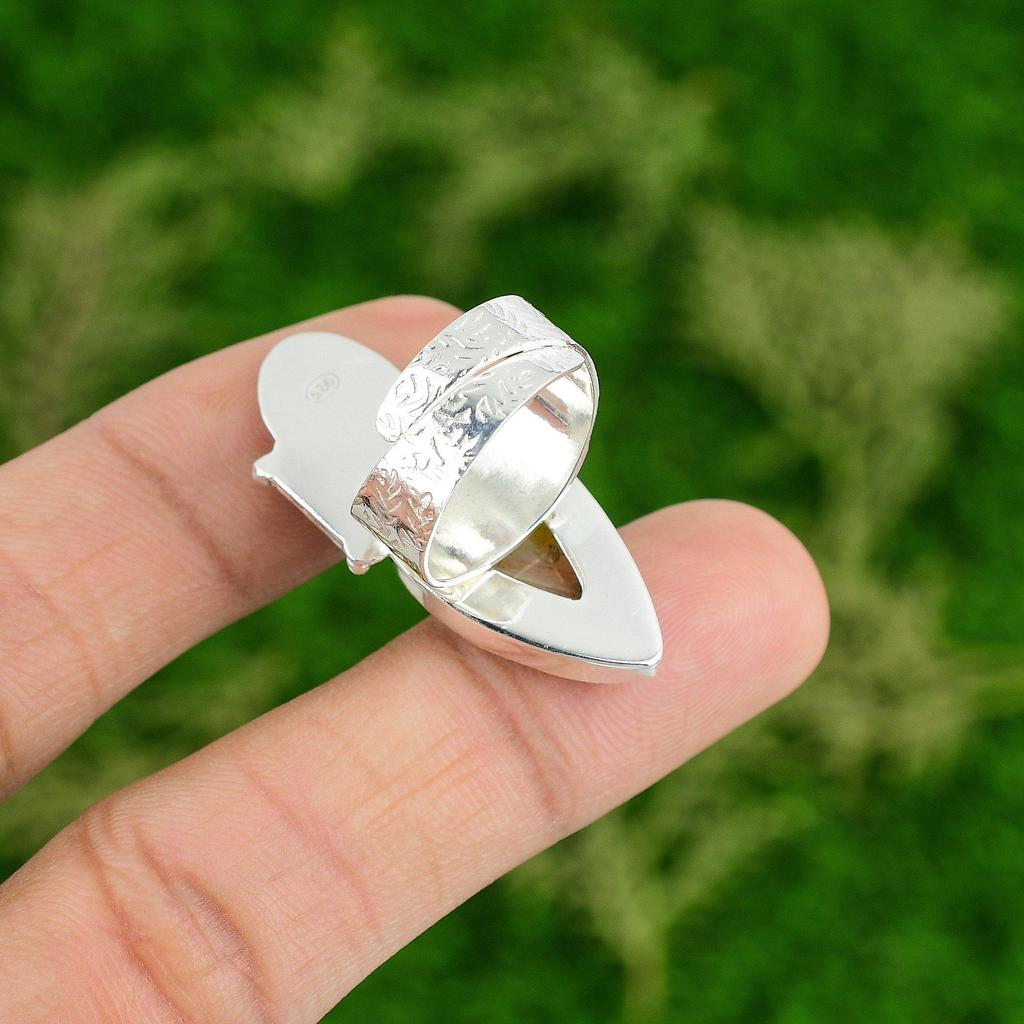 925 Silver Natural Botswana Agate Stackable Skull And Bone Adjustable Ring