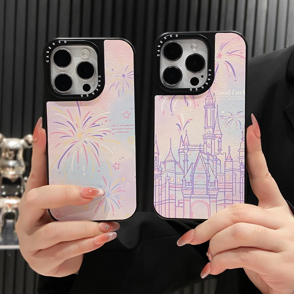 Applicable iPhone16Pro mobile phone case ins Fireworks Castle Apple 15 leather pattern advanced anti-drop protective case 13
