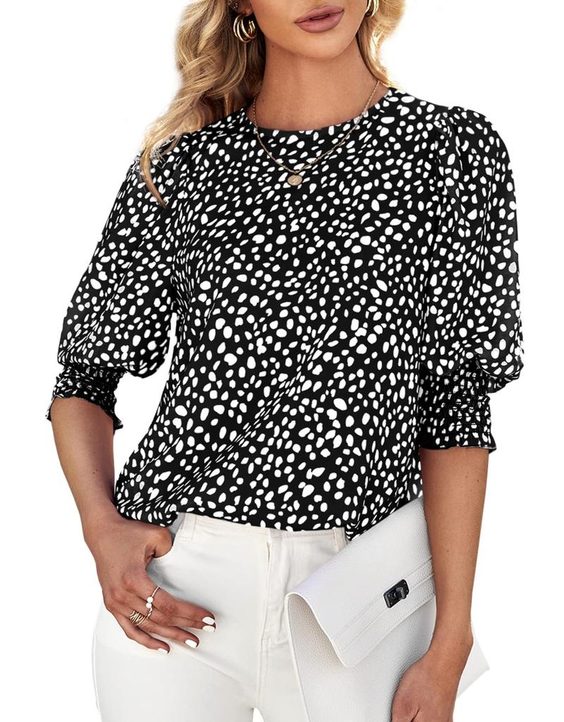 Women's Chiffon Blouse Crew Neck Tops Half Sleeve Pullover T-Shirt Floral Print Tunic Blouse Shirts