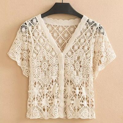 Women New Versatile Hollow Out Cardigan Summer V-neck Loose Sunscreen Shirt Buttons Casual Outer Wear Mesh Lazy Long Sleeved Top KTB