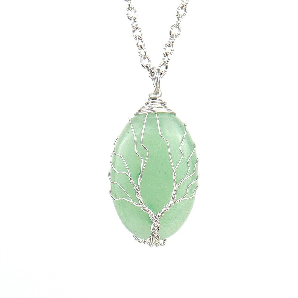 Natural Rough Crystal Amethyst Tiger Stone Oval Tree Of Life Pendant Necklace N643