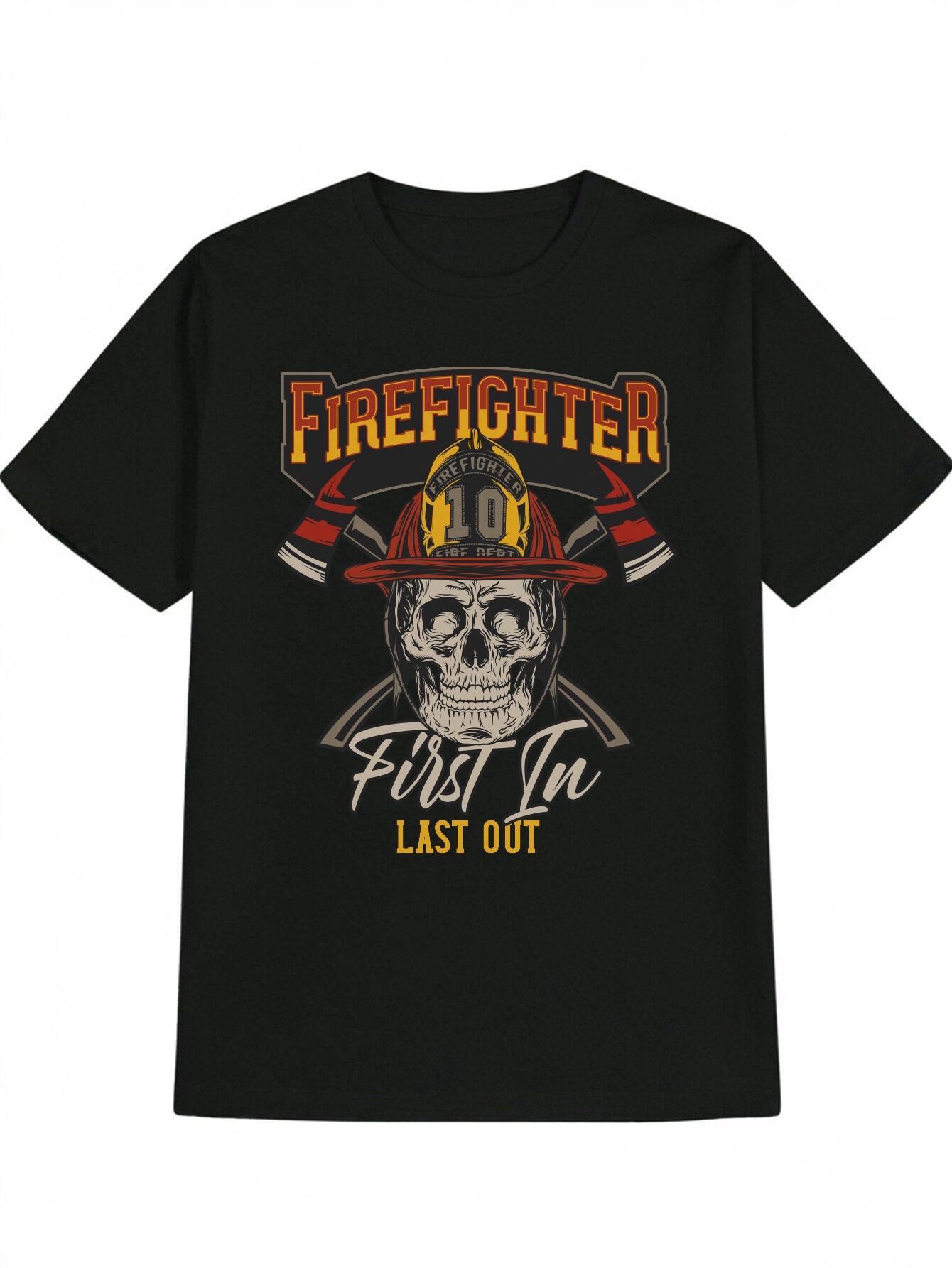 Casual Versatile Crew Neck T-shirt with Skull Firefighter Helmet Print M