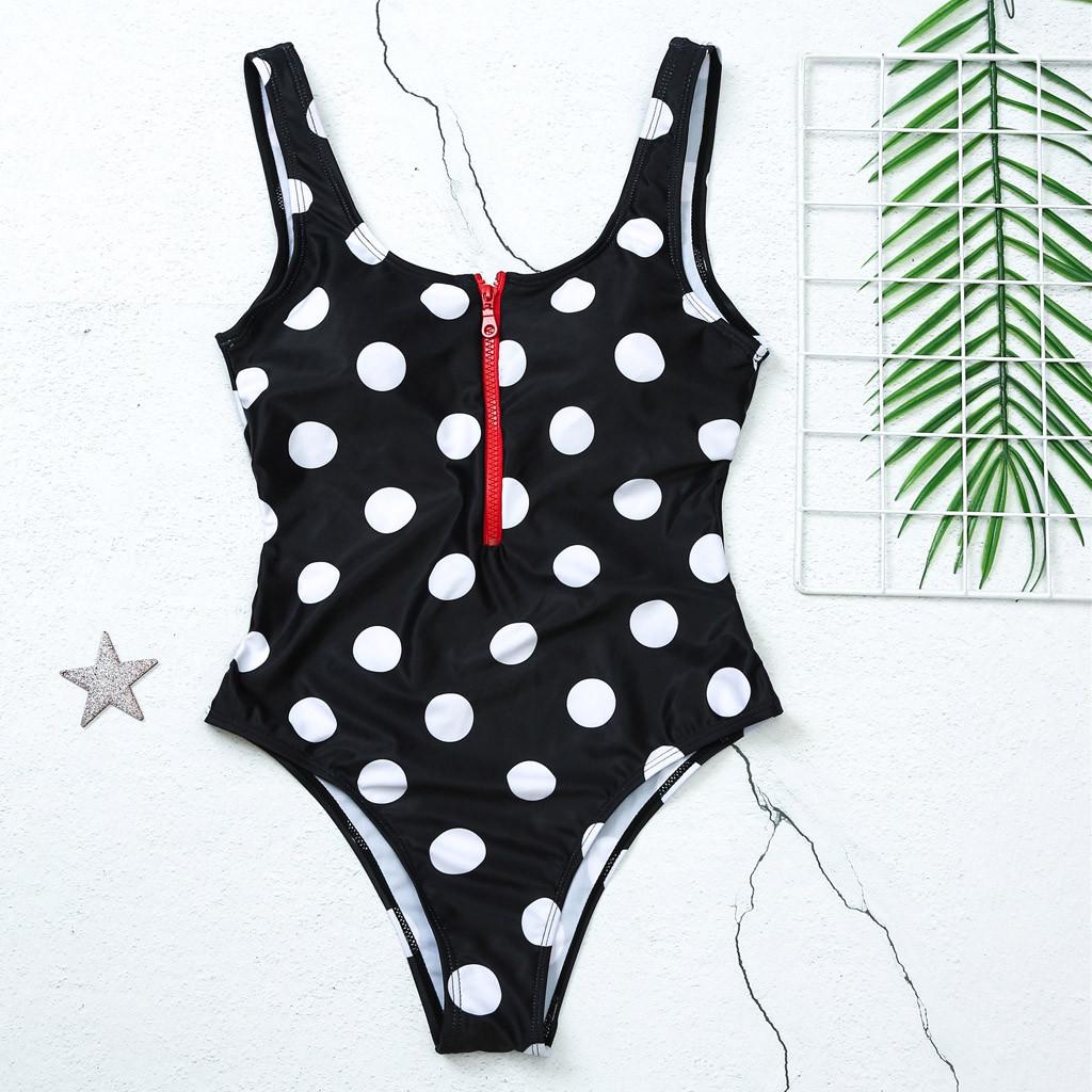 Women One Piece Swimsuit Polka Dot Print Leaf Pattern Zip Front Backless Shoulder Strap Swimwear