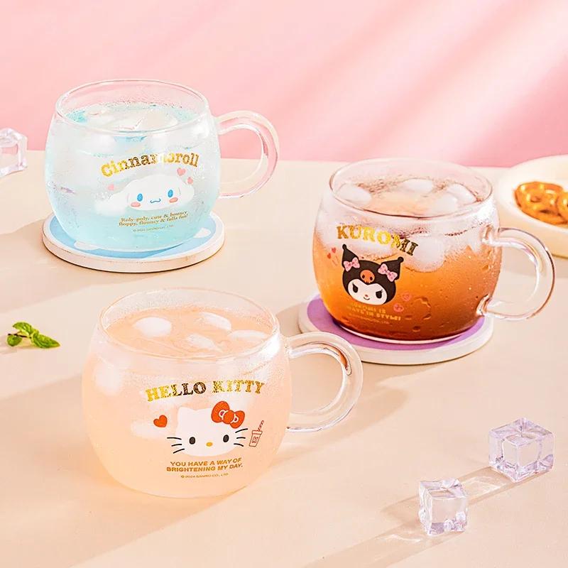 Pour Sanrio Tasse en Verre pour Enfant Tasse à Café Verre Borosilicate Élevé Tasse à Eau avec Poignée pour Impression Kuromi&Hello Kitty Tasse à Lait Jus