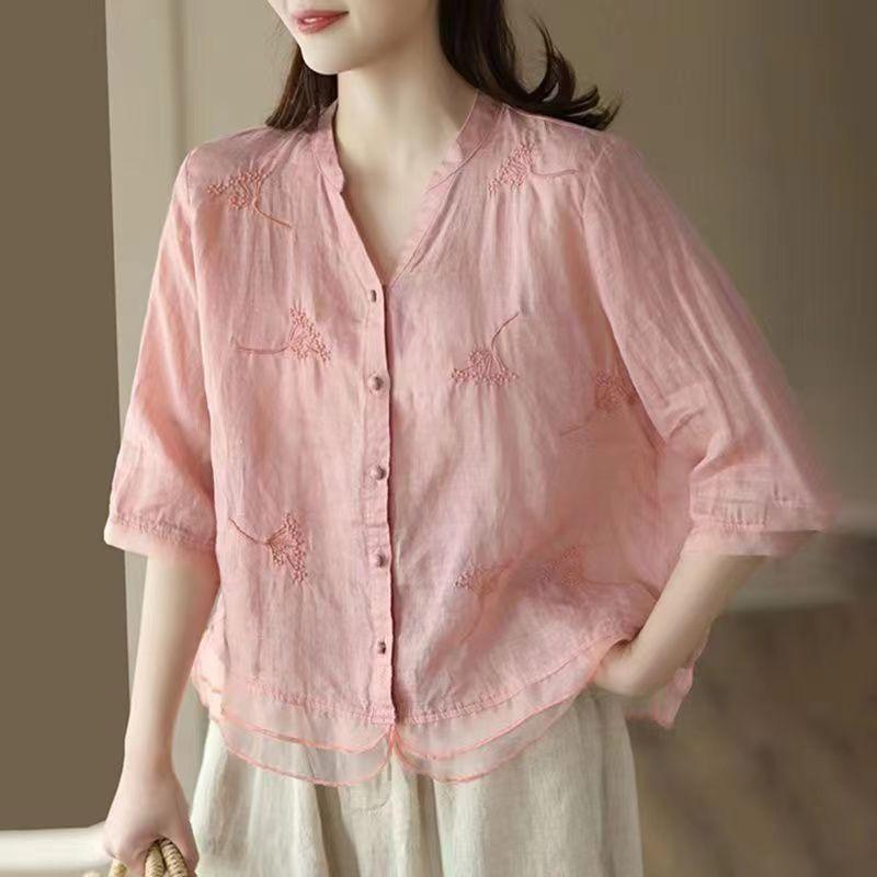 Women's Retro Cotton Linen Shirt Embroidery Shirts Patchwork Hem Organza Slim Blouse Top