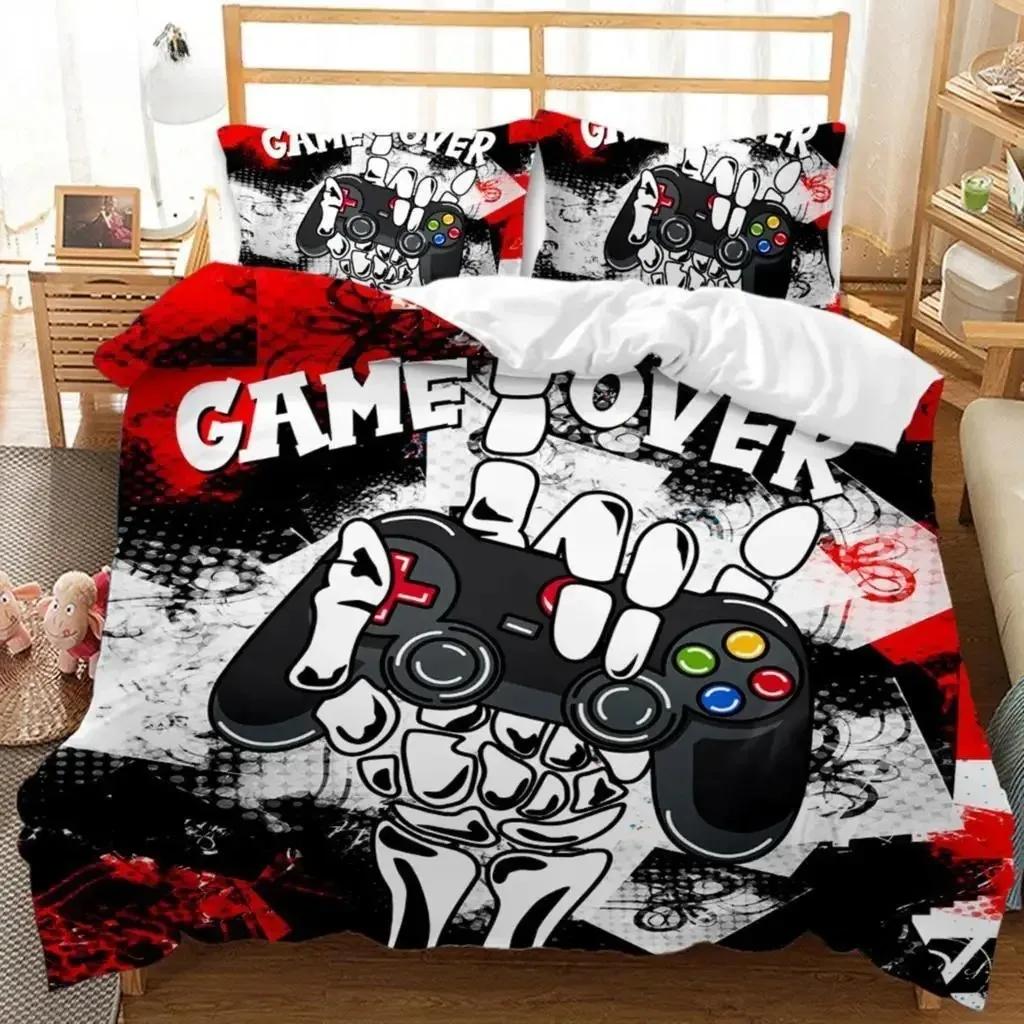 Gaming Duvet Cover Set Sugar Skull Gamer Bedding Spider Web Halloween Polyester Duvet Cover Kids Juvenile Hand Skeleton Gamepad