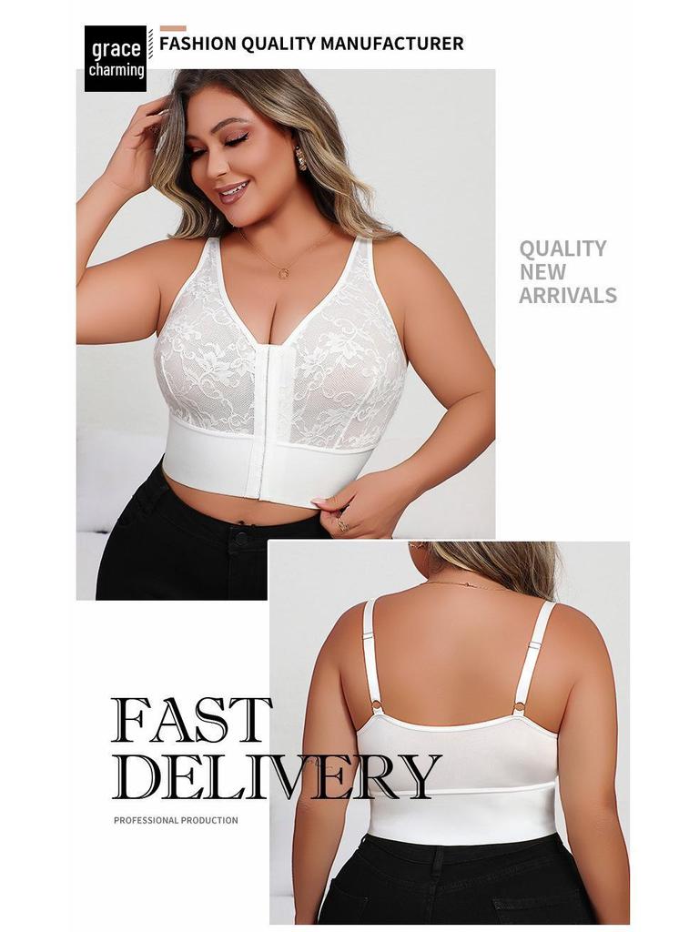 Dámské hluboké V krajkové průhledné spodní prádlo nadměrné velikosti s předním zipem a nastavitelnou tvarující podprsenkou