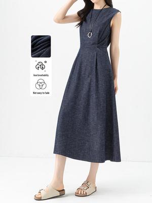 Women's Retro Sleeveless Waist-Cinched Blue Denim Long Dress