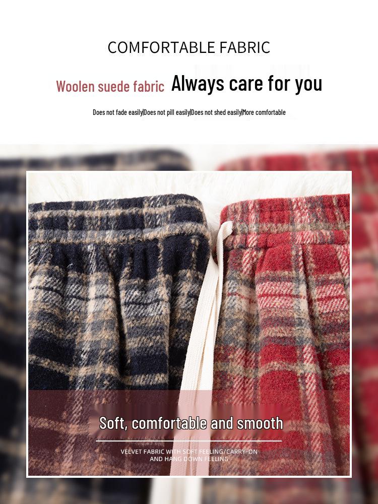 Women's Plaid Velvet-Lined Wide-Leg Pants - Autumn/Winter 2025 Retro Style