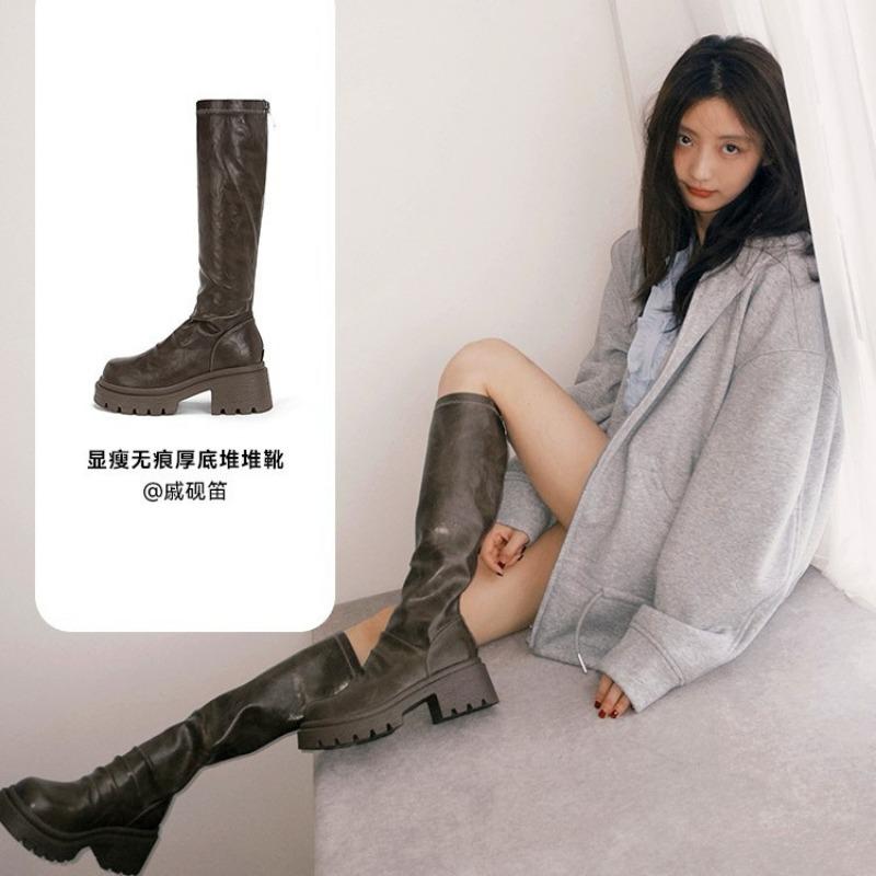 [Xu Jiaqi]~ Autumn and winter thick-soled thick-heeled pleated medium-high elastic stacking boots women's boots