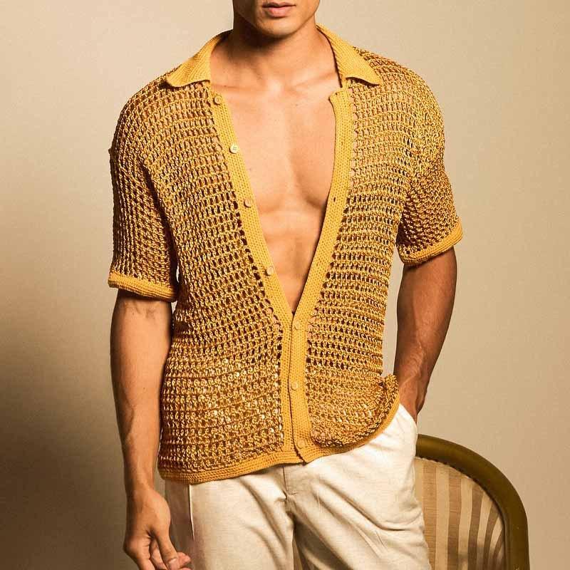 Men s Hollow Crochet Knit Polo Shirt Short Sleeve Button Up Beach Blouse S