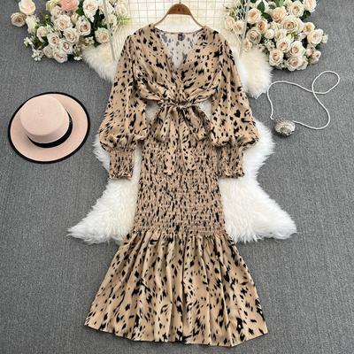 Women's  New Summer Temperament Wrap Dress V-neck Sexy Slim Lace-up Slim Elastic Print Fishtail Dress