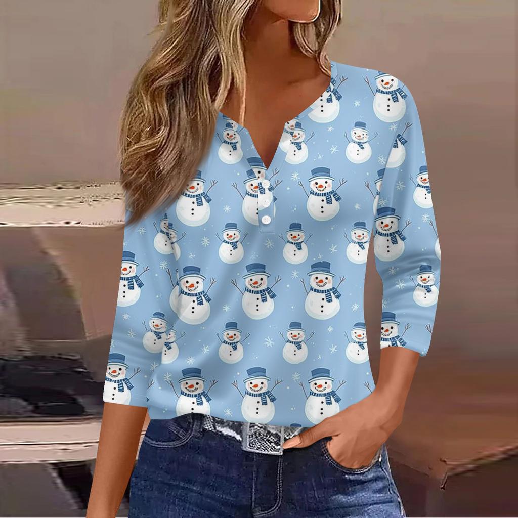 Dámský ležérní módní top s výstřihem do V, volný, všestranný, s vánočním potiskem, tříčtvrteční rukáv