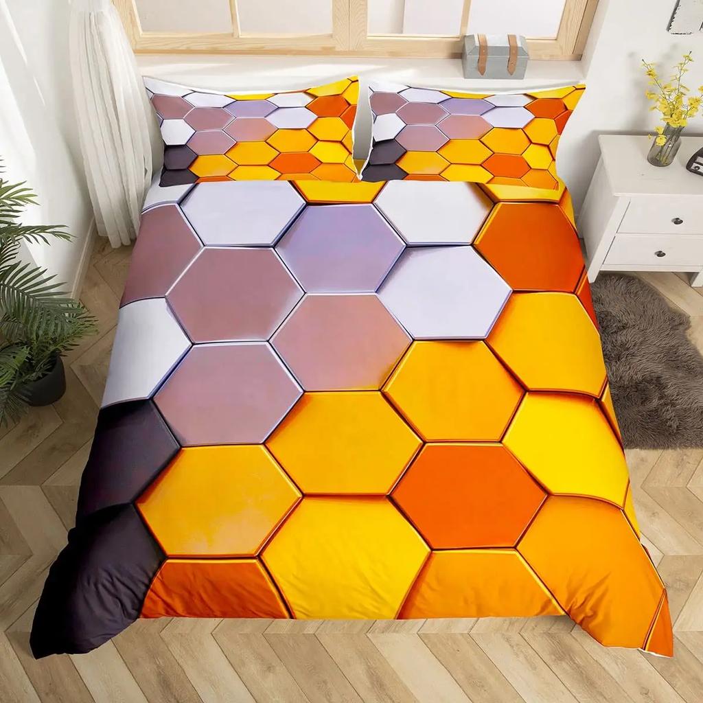 Honeycomb Duvet Cover Set Queen Size Geometry Hexagon Theme with Pink Blue Neon Lights Chic Comforter Cover for Boys Teen Man