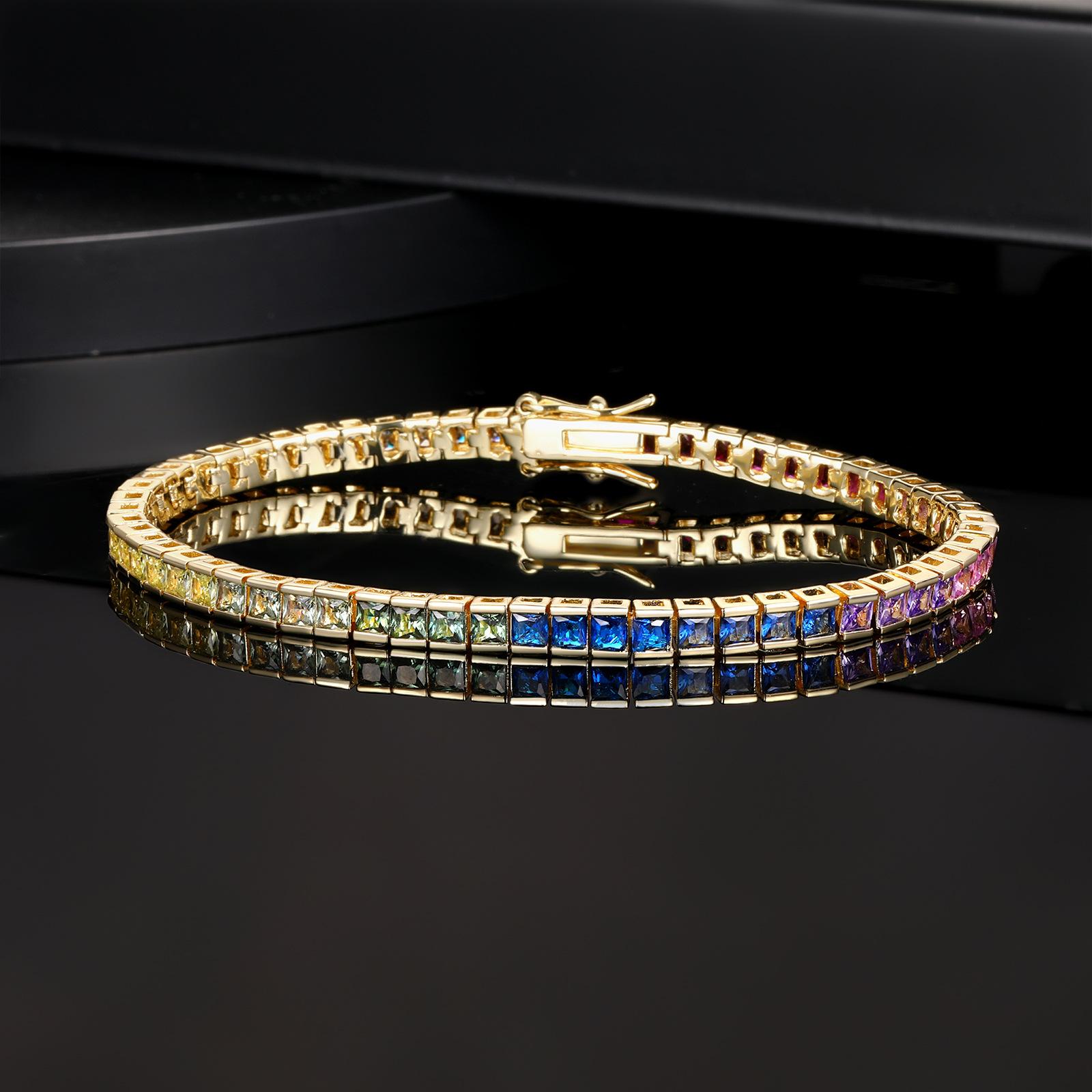 22646 Women's Gold/White A New Exquisite 2.5Mm Tennis Bracelet Copper Plated 18K Inlaid With Colored Square Gradual Change Zircon, Popular