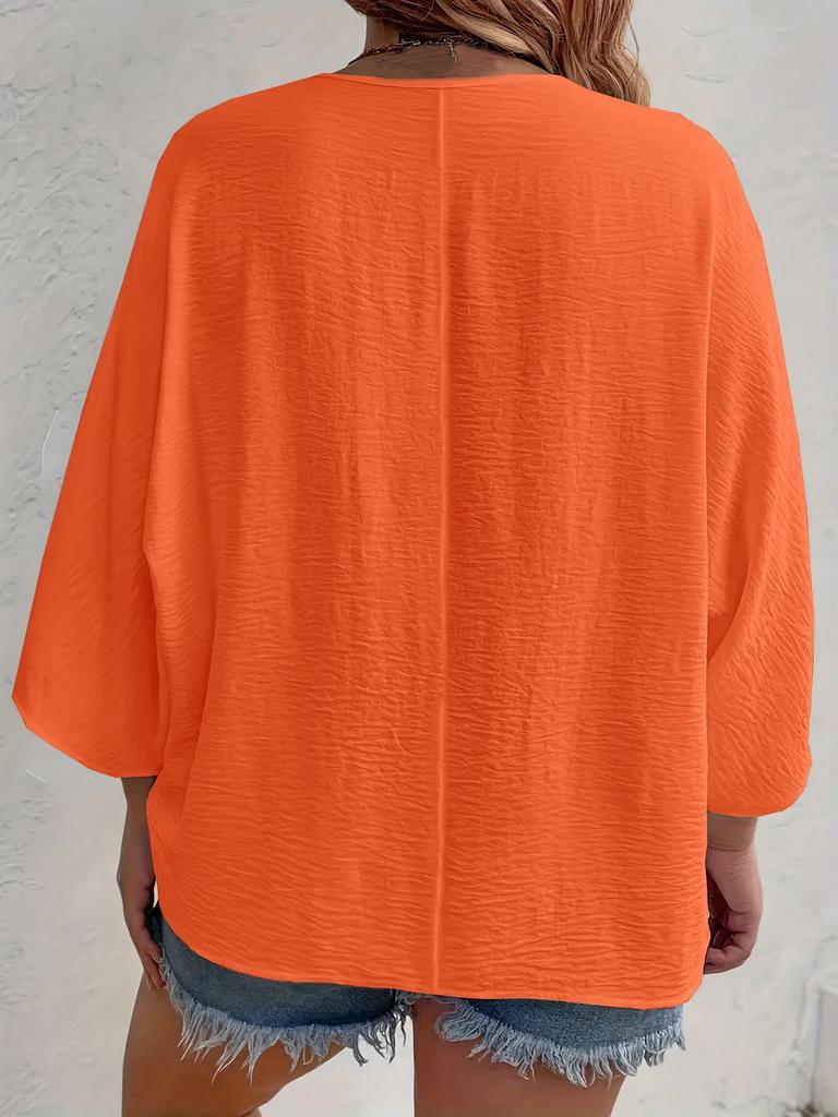 Spring/Autumn 2025 Women's V-neck Ice Silk Wrinkled Cardigan, Solid Color, Three-Quarter Sleeve, Loose Fit