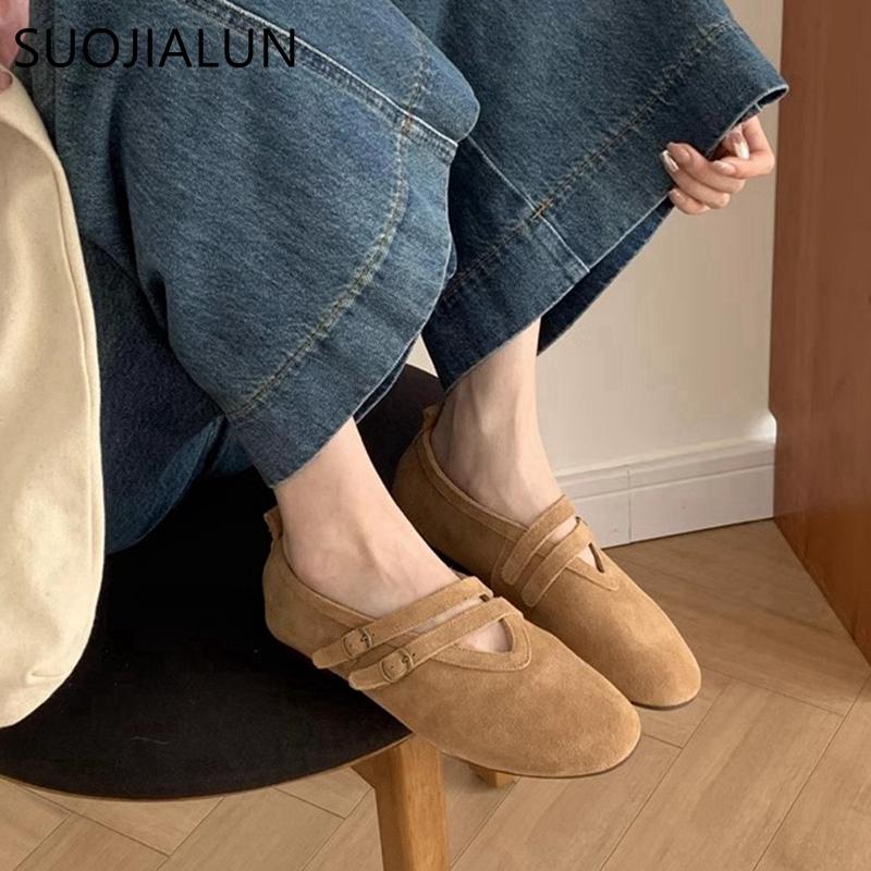 Fashion SUOJIALUN 2025 New Brand Women Flat Shoes Fashion Red Round Toe Ladies Mary Jane Shoes Flat Heel Genuine Leather Single Shoes