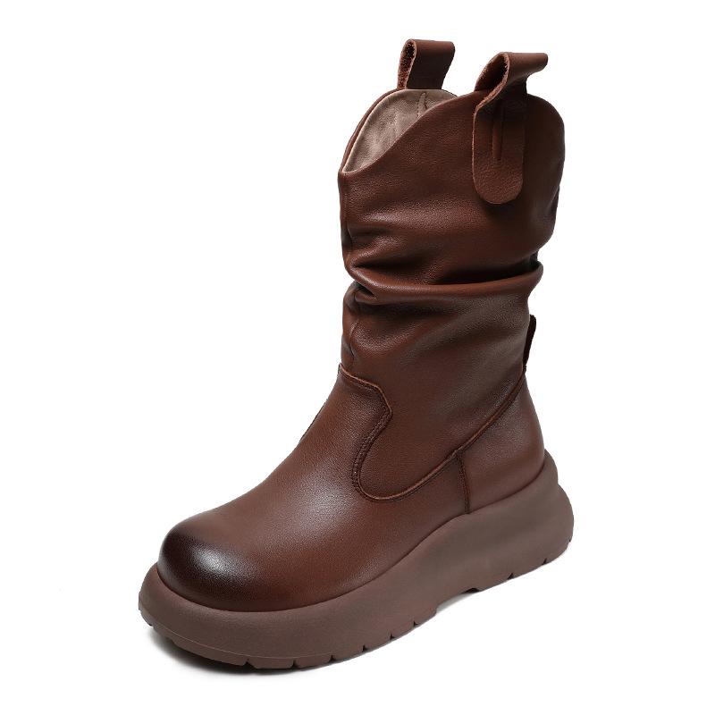 Mid-calf Leather Boots with Pleats, Stylish Women's New Shoes, Fashionable Boots