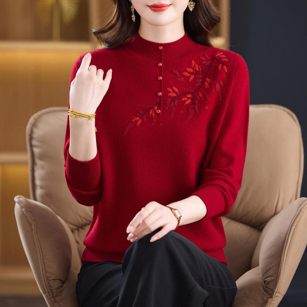 Stylish 100% Pure Wool Embroidered Sweater for Women - Autumn & Winter Half High Neck Knitted Sweater