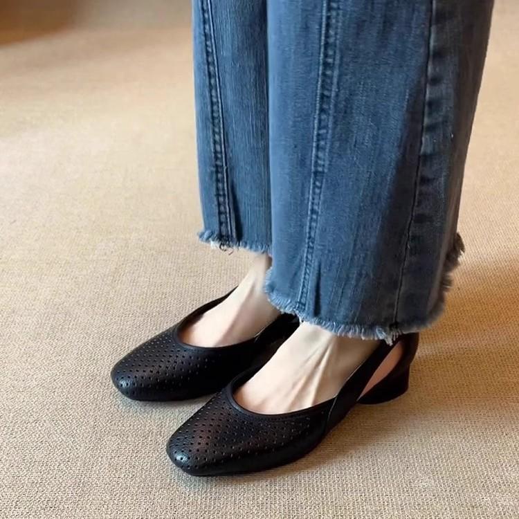 Super Soft Sheepskin~ French Cool Single Shoes Women's Square Head Hollow Hole Shoes Retro Shallow Mouth Hollow Breathable Mary Jane Shoes