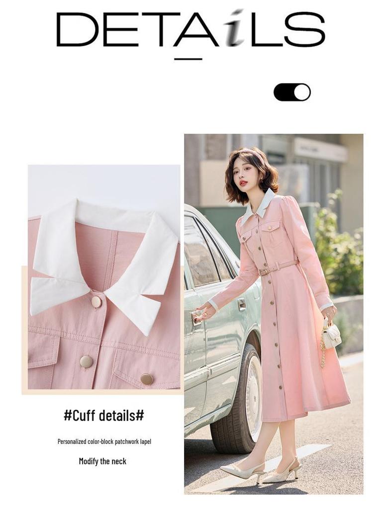 2025 Spring Women's Color Block Long Dress with Belt and Turn-Down Collar