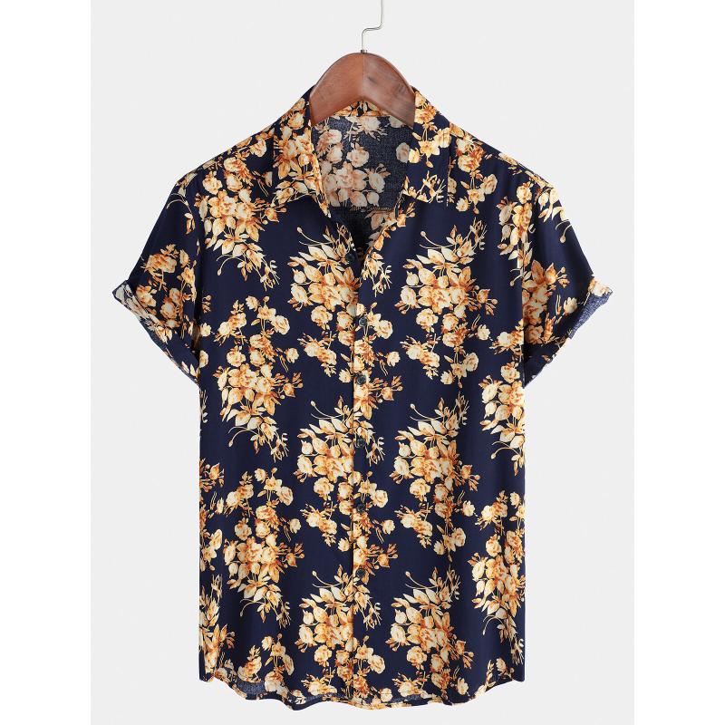 Retro floral print short sleeved shirt for men's casual lapel single breasted shirt 3D printed polyester short sleeved shirt