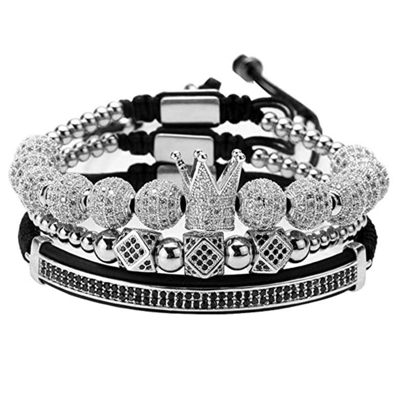 Men's Copper Zirconia Crown Ball Rhombus Double Row Crescent Bracelet Set