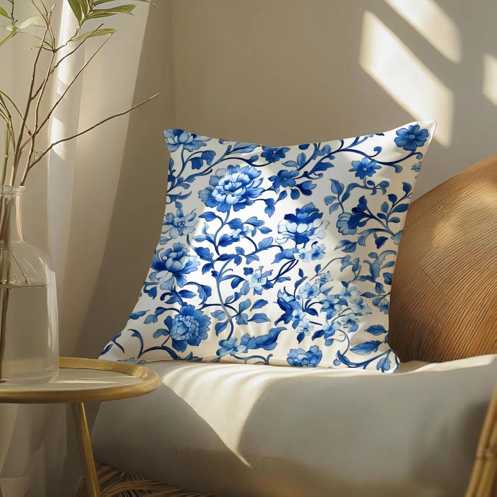 Classical Aesthetics Blue White Porcelain Pillow Case DoubleSided Plush Sofa Cushion Covers Organic Breathable Invisible Zipper
