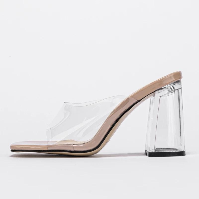 Sommermode PVC Transparent Zehenfrei Pantoletten Damen Klar Quadratisch Hohe Absätze Party Damenschuhe