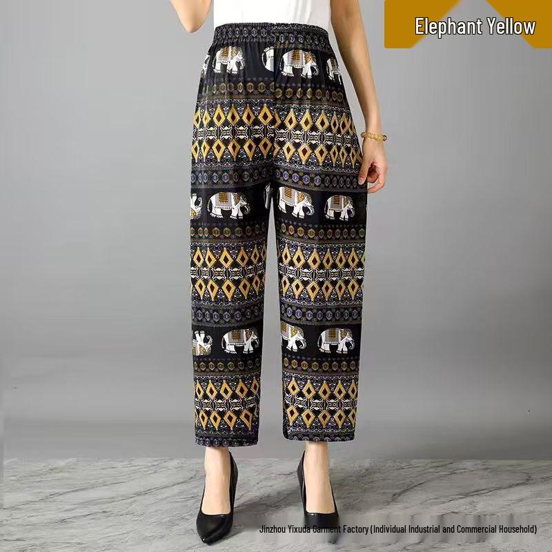 Ice Silk Floral Wide-Leg Pants for Middle-Aged and Elderly Women - Large, Loose, Casual, Straight-Leg Design