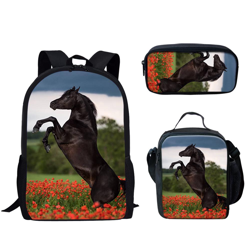 Klassiek Populair Grappig Zwart Wit Paard 3D Print 3 stuks/Set leerling Schooltassen Laptop Dagrugzak Rugzak Lunchtas Etui