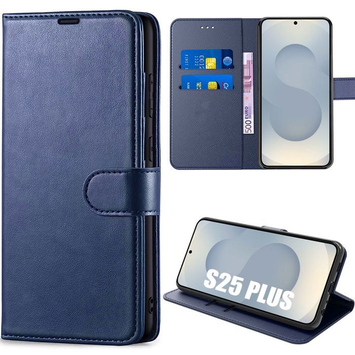 Coque de protection - BOOLING - Samsung Galaxy S25 Plus - Antichoc - Synthécuir Bleu Marine - Support intégré