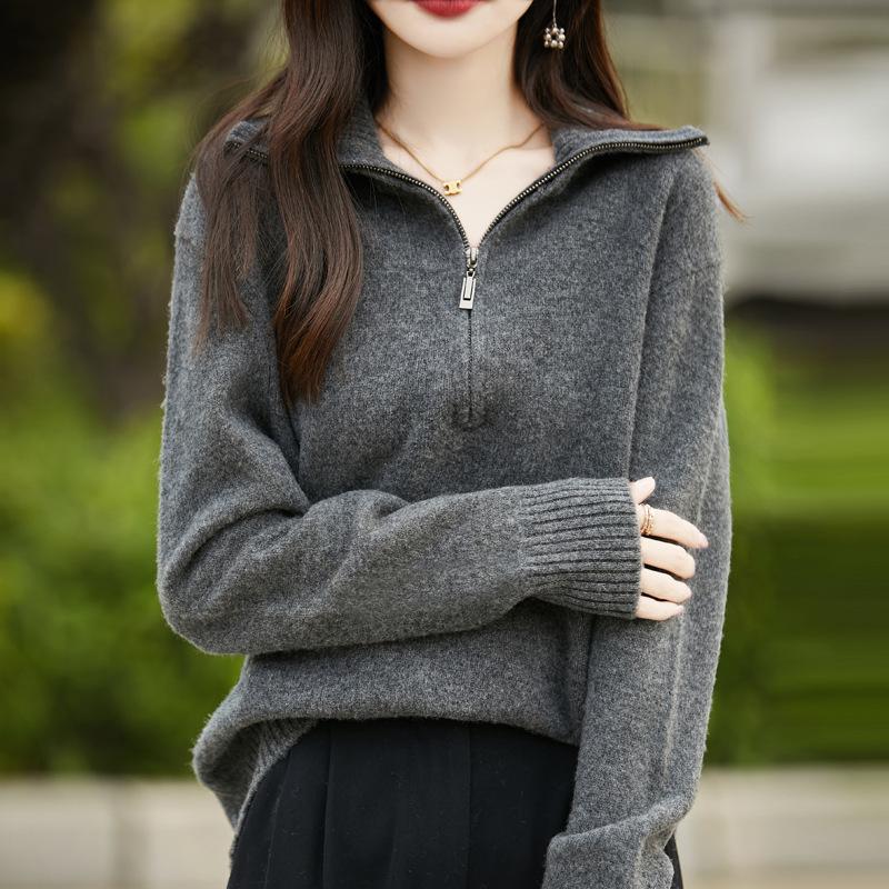 Women's Heavyweight 100% Wool High-Neck Half-Zip Sweater
