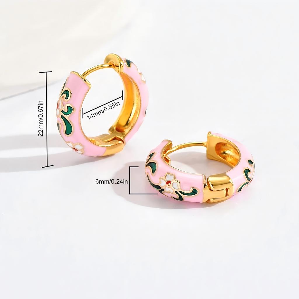 Vintage New Trend Colorful Enamel Flowers Cute Huggies Hoop Earrings for Women Boho Unique Round Ear Buckle Fashion Jewelry Gift