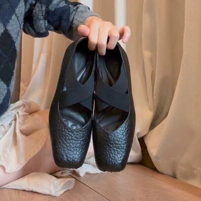 Chaussures de ballet pour femmes Nouveau style français Coupe basse Lacets croisés Bout carré Semelle plate Chaussure unique Rétro Mary Jane Chaussures Plates