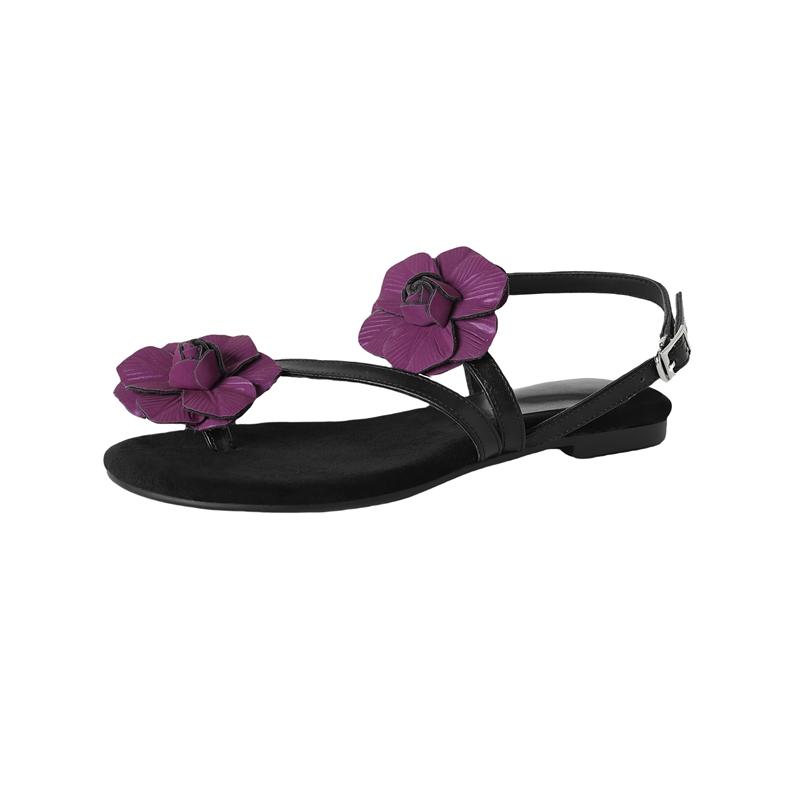Fashion Women's new leather cowhide flower toe exposed elastic belt buckle, comfortable and breathable low heel sandals, Roman sandals